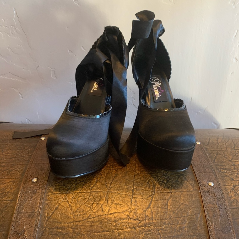 Pleaser black satin platform heels